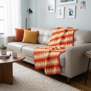 Blanket 1970s Style Red/Orange/Yellow Handmade Crochet Afghan Throw 65”L X 70”W